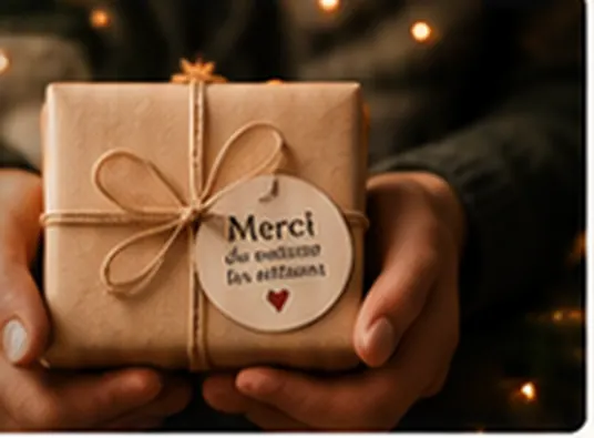 Un cadeau emballé de papier kraft, remis de main à main.
