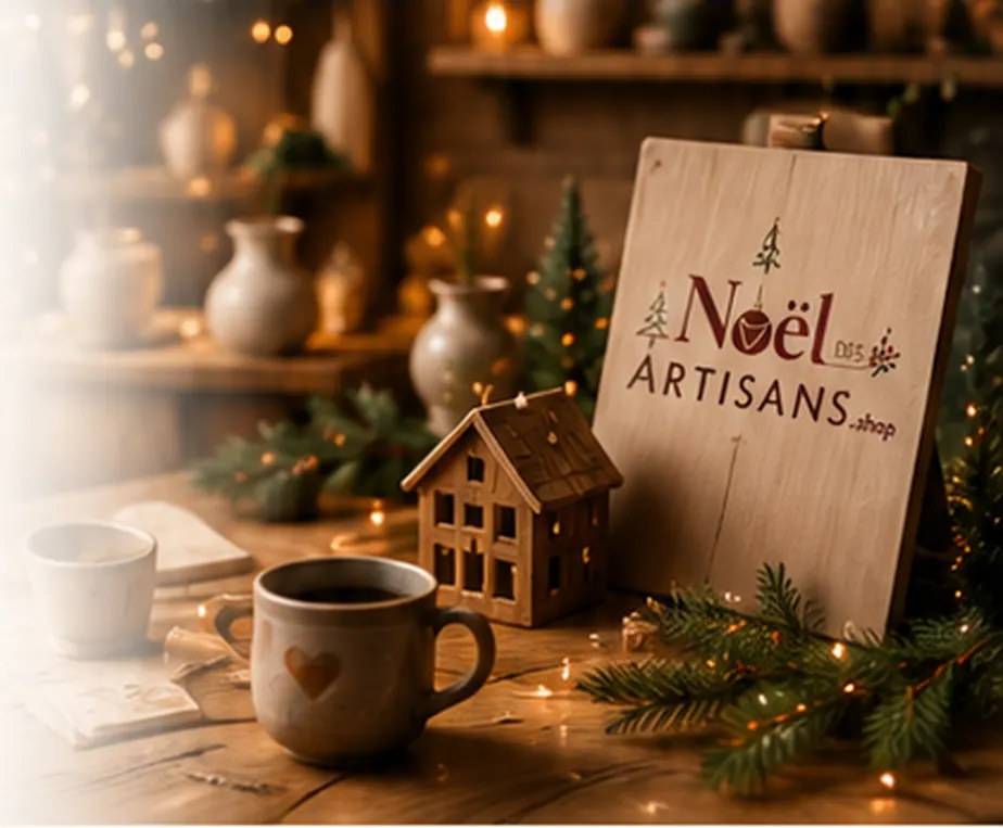 Une tasse artisanale et son étiquette « le fait main », entre deux mains.