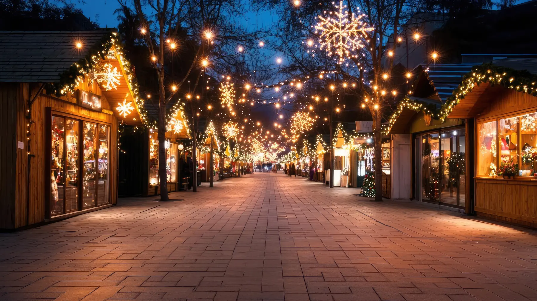 Une allée de marché de Noël sous les guirlandes, la nuit.