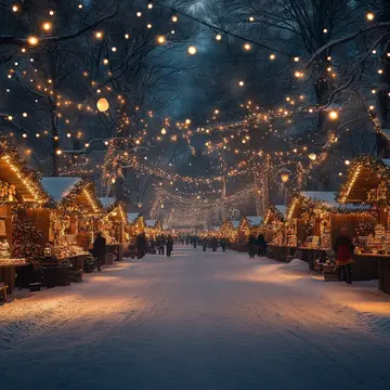 Un village de Noël illuminé sous la neige.