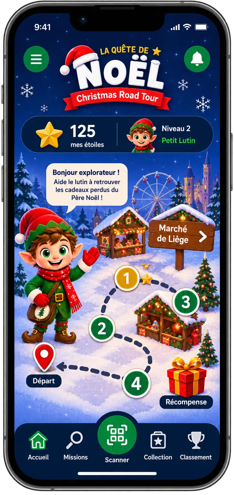 La quête de Noël sur un téléphone : le parcours, les QR codes et les récompenses.