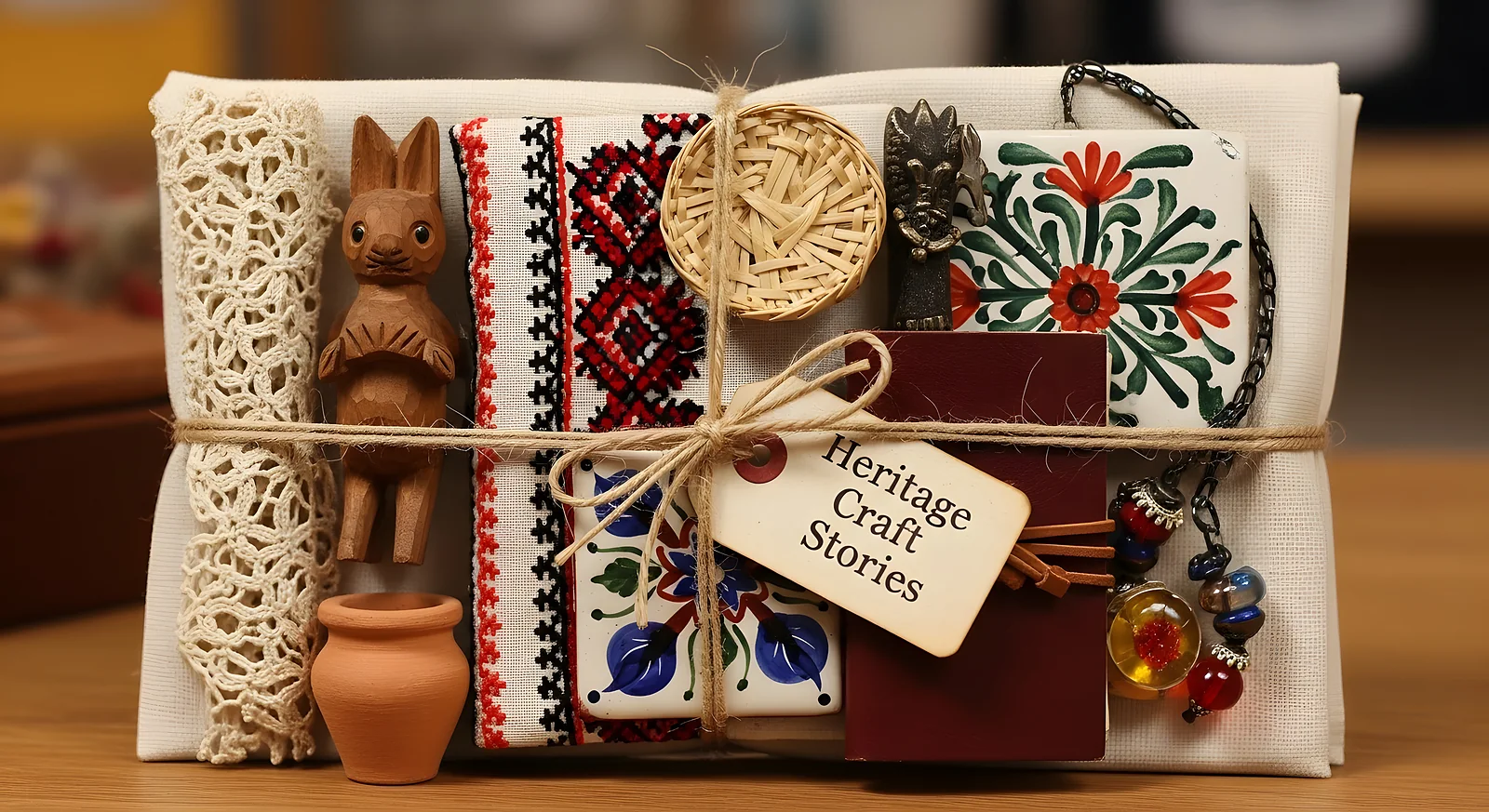 La Box des Artisans : quatre créations d'artisans de Belgique, France et Luxembourg — textile, bois, céramique et bijou — réunies dans un coffret noué de ficelle.