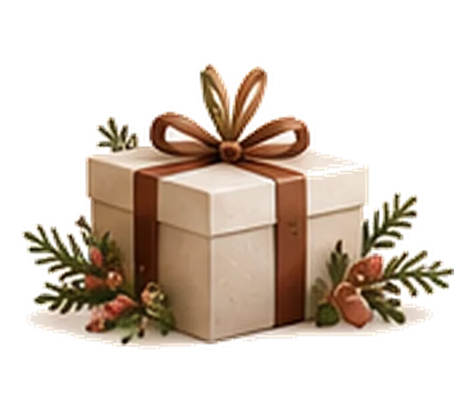 Un cadeau de Noël, ruban doré, sur fond d'étincelles.