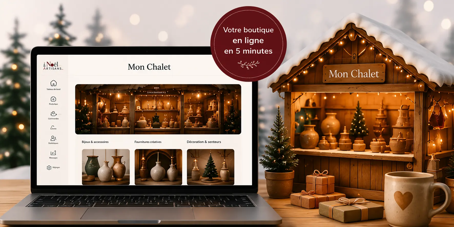 Un ordinateur portable affichant la page « Mon Chalet » d'un artisan, posé devant un chalet de marché de Noël illuminé, garni de poteries.