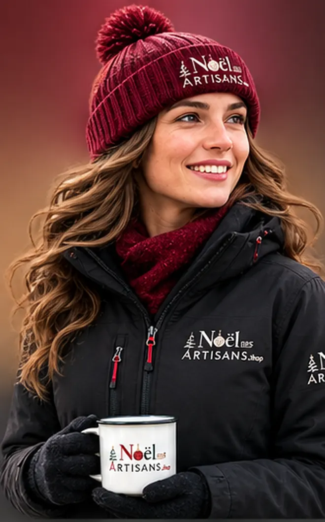Une femme portant la veste et le bonnet aux couleurs de Noël des Artisans, un mug émaillé à la main.