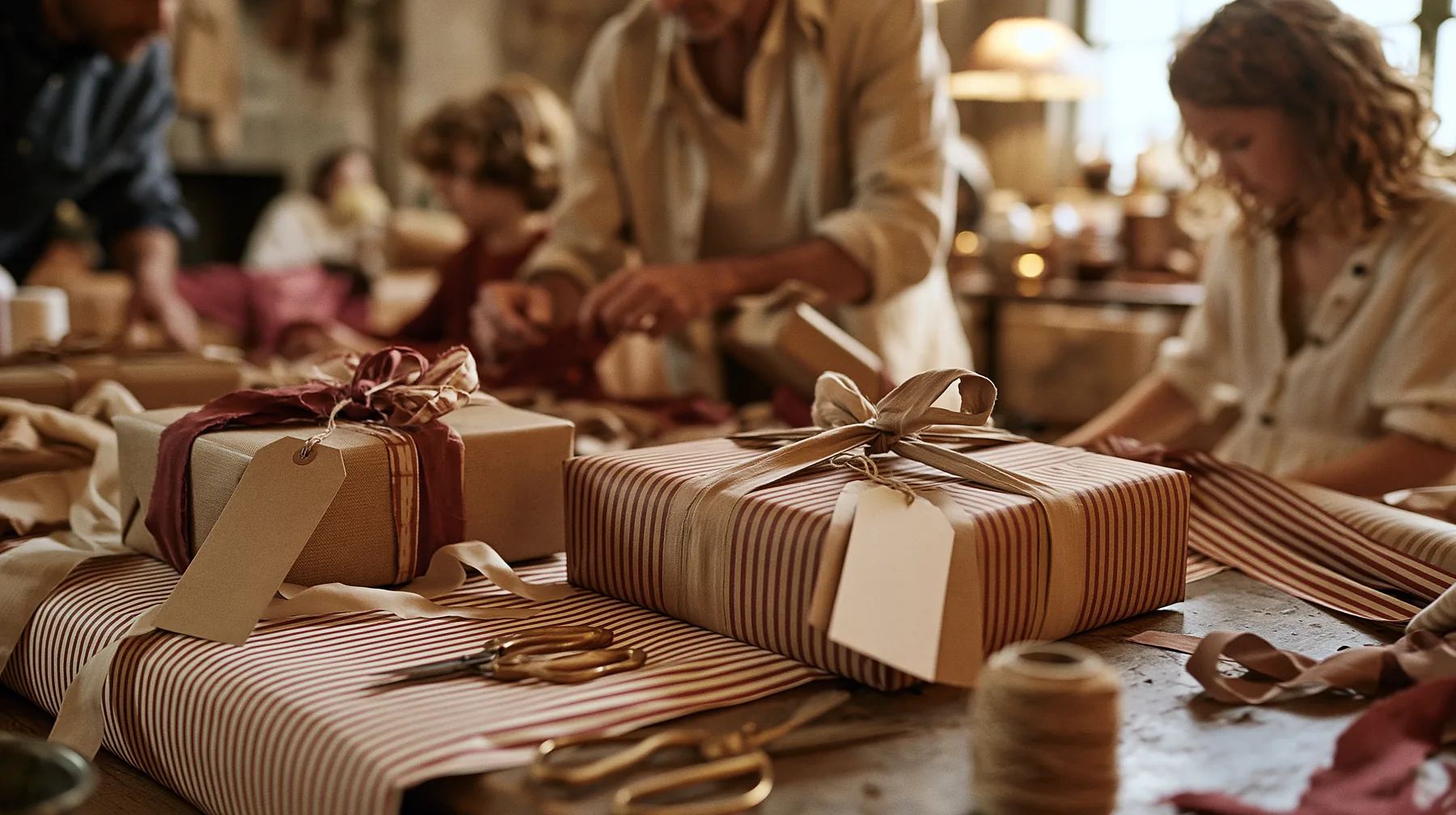 Des artisans emballent des cadeaux dans du papier kraft et du tissu, dans un atelier baigné de lumière chaude.