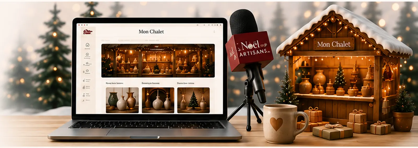 Un micro aux couleurs de Noël des Artisans devant un ordinateur affichant la page d'un chalet et un chalet de marché de Noël illuminé.