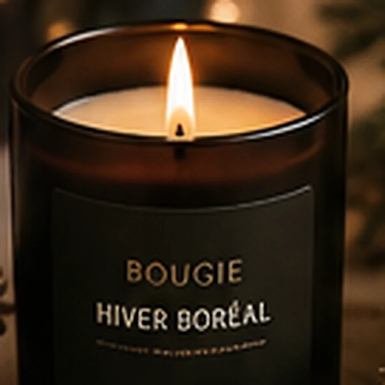 Bougie Hiver Boréal — cire de soja, mèche coton, verre noir mat, fabriqué à Liège