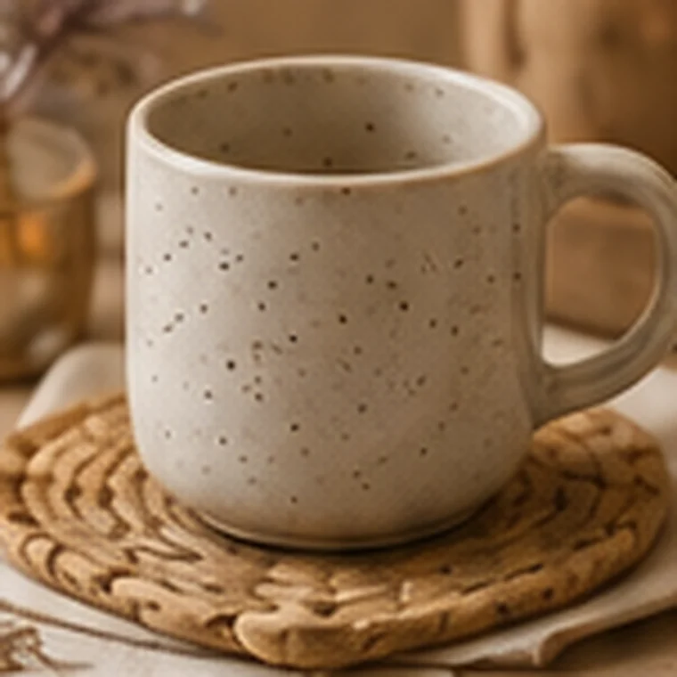 Mug en grès moucheté — grès blanc, émail sans plomb, fabriqué à Namur
